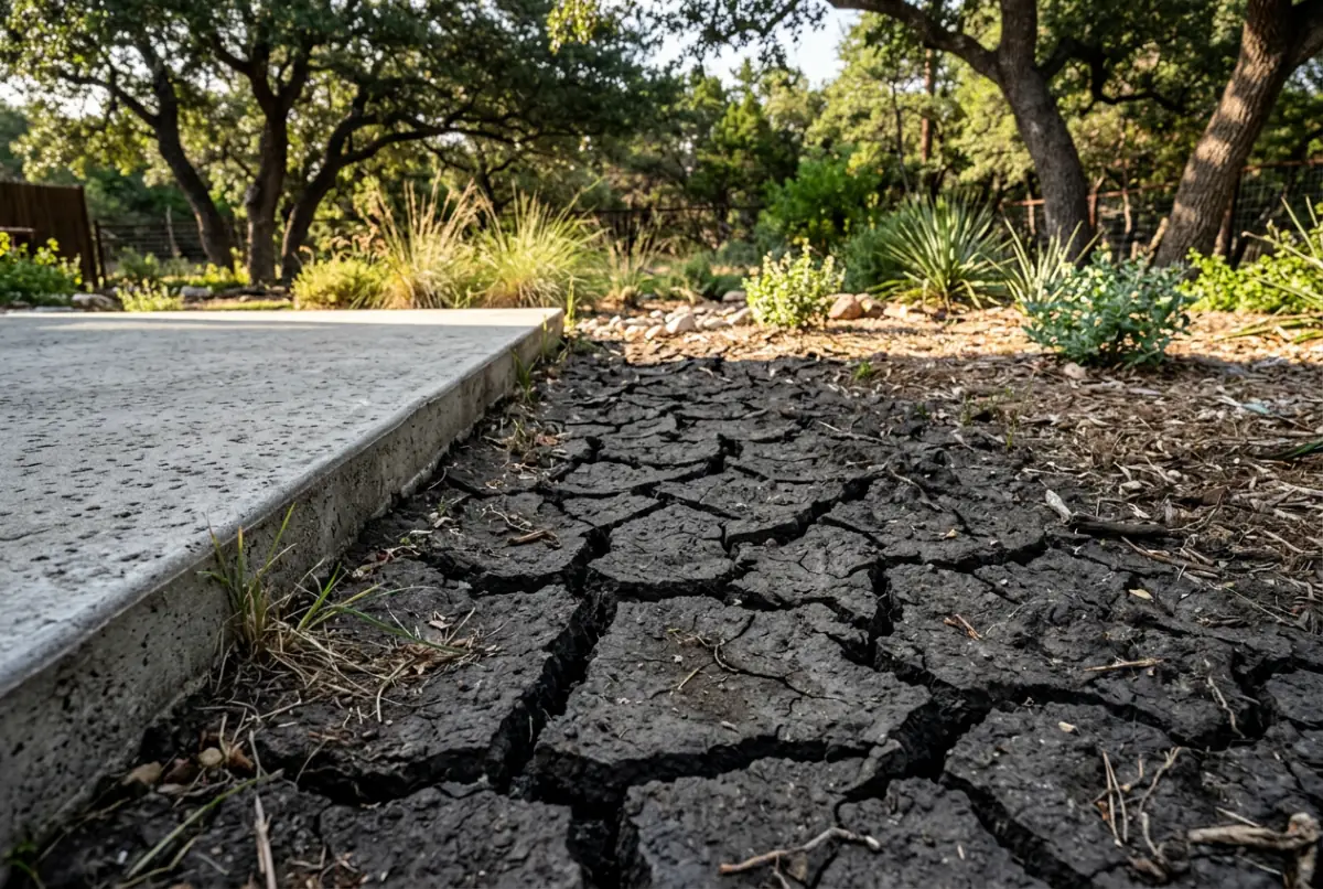 Dry clay soil split into deep cracks beside the edge of a concrete slab