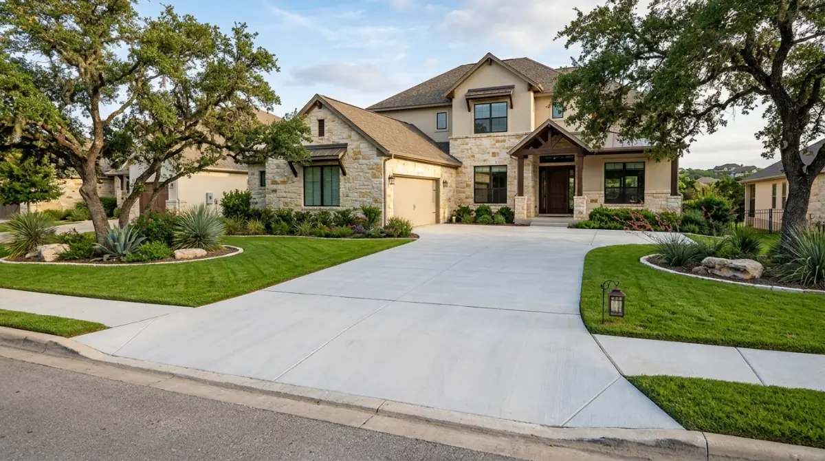 A wide curved concrete driveway leading to a two story home